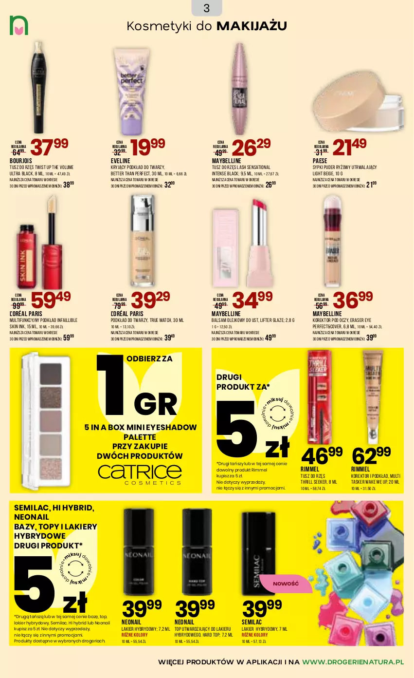 Gazetka promocyjna Drogerie Natura - Gazetka Drogerie Natura - ważna 31.03 do 16.04.2026 - strona 3 - produkty: Bell, Bourjois, Eveline, Fa, Lack, Lakier, Lakier hybrydowy, Makijaż, Maybelline, NeoNail, Olej, PAESE, Palette, Podkład, Podkład do twarzy, Puder, Ryż, Sati, Ser, Top, Tusz