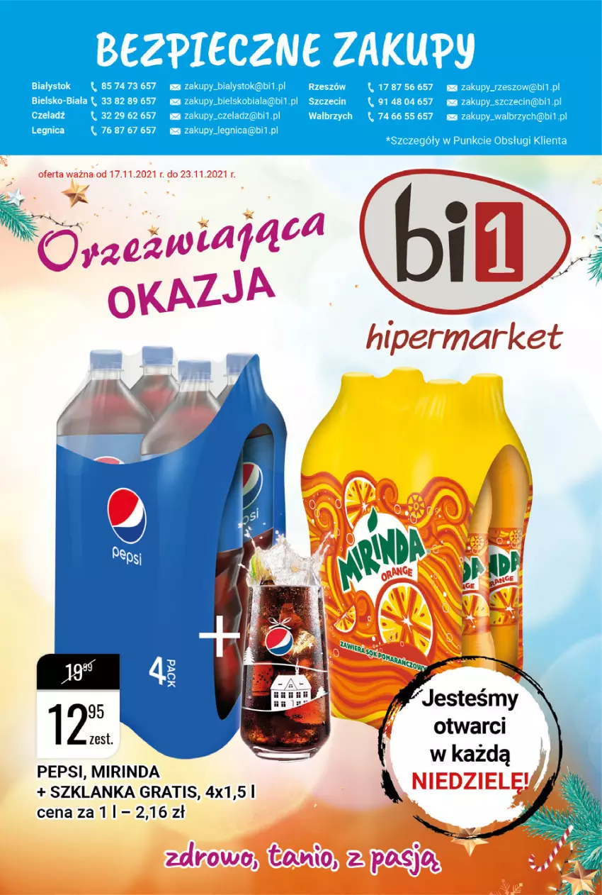 Gazetka promocyjna Bi1 - Orzeźwiająca okazja - ważna 17.11 do 23.11.2021 - strona 1 - produkty: Gra, Mirinda, Pepsi, Szklanka