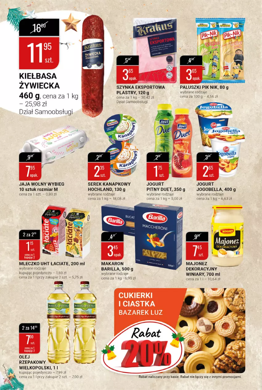 Gazetka promocyjna Bi1 - Orzeźwiająca okazja - ważna 17.11 do 23.11.2021 - strona 4 - produkty: Barilla, Bell, Bella, Hochland, Jaja, Jogobella, Jogurt, Kiełbasa, Kiełbasa zywiecka, Majonez, Makaron, Mleczko, Olej, Por, Ser, Serek, Serek kanapkowy, Sport, Szynka, Winiary