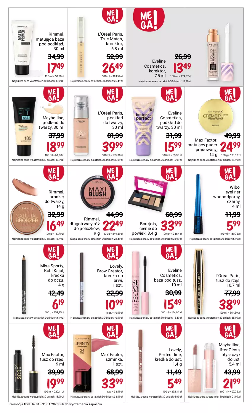 Gazetka promocyjna Rossmann - 14 stycznia - ważna 14.01 do 31.01.2023 - strona 10 - produkty: Baza pod tusz, Bell, Błyszczyk do ust, Bourjois, Bronzer, Eveline, Fa, Inka, Kredka, Kredka do brwi, L’Oréal, Lovely, Max Factor, Maybelline, Miss Sporty, Podkład, Podkład do twarzy, Por, Puder, Puder prasowany, Róż do policzków, Sport, Szminka, Tusz, Wibo