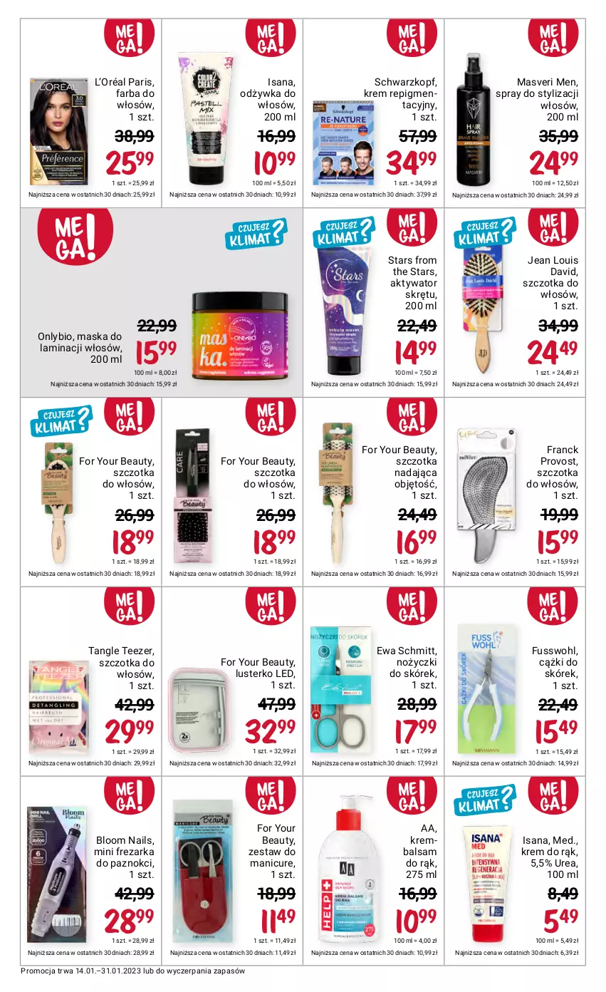 Gazetka promocyjna Rossmann - 14 stycznia - ważna 14.01 do 31.01.2023 - strona 12 - produkty: Cążki, Cążki do skórek, Ewa Schmitt, Fa, Farba do włosów, For Your Beauty, Franck Provost, Frezarka, Isana, Krem do rąk, L’Oréal, Maska, Noż, Nożyczki, Odżywka, Schwarzkopf, Szczotka, Szczotka do włosów, Tangle Teezer