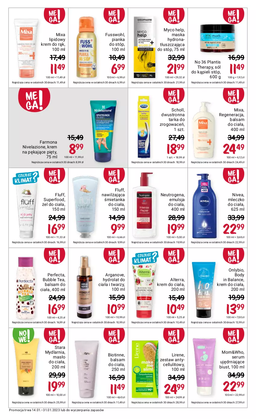 Gazetka promocyjna Rossmann - 14 stycznia - ważna 14.01 do 31.01.2023 - strona 13 - produkty: Alterra, Balsam do ciała, Body, Dron, Emulsja, Fa, Hydrolat, Krem do ciała, Krem do rąk, Lirene, Maska, Masło, Masło do ciała, Mixa, Mleczko, Mleczko do ciała, Neutrogena, Nivea, Nivelazione, Perfecta, Rum, Scholl, Ser, Serum, Sól, Sól do kąpieli, Tarka