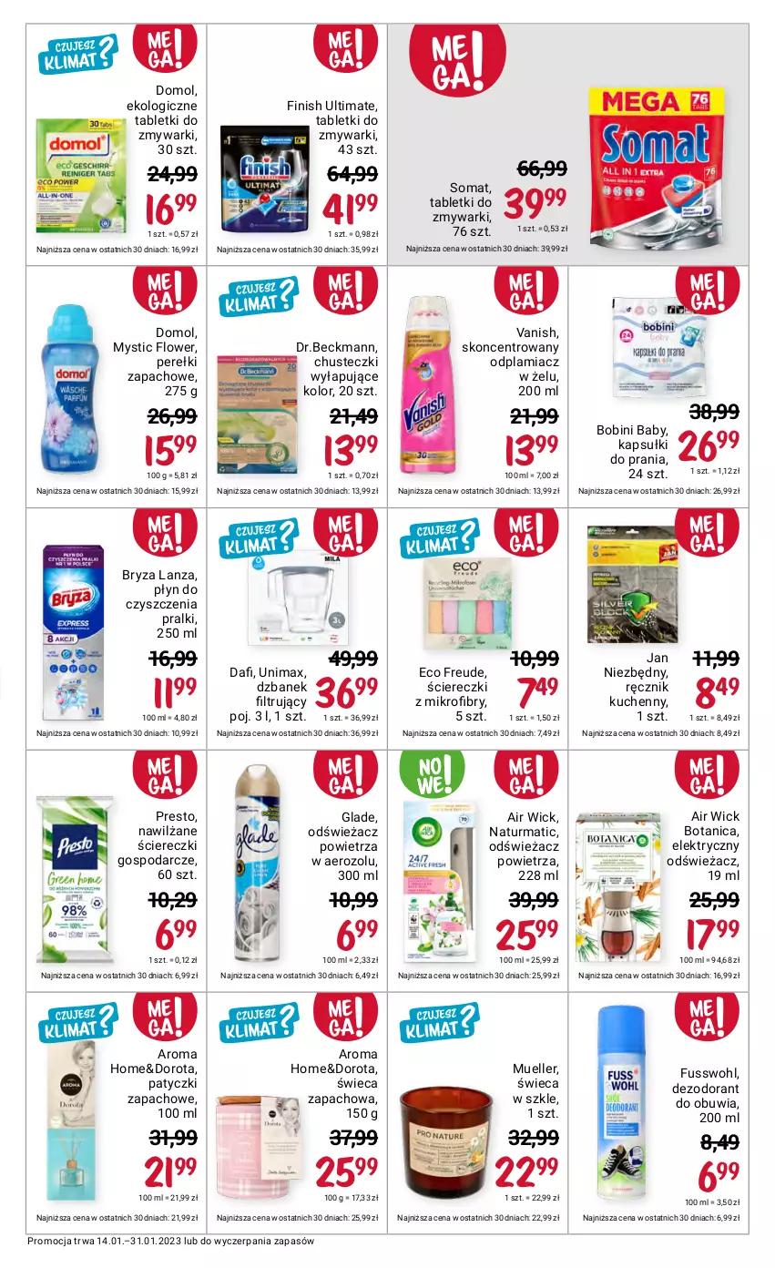 Gazetka promocyjna Rossmann - 14 stycznia - ważna 14.01 do 31.01.2023 - strona 3 - produkty: Air Wick, Bryza, Chusteczki, Dezodorant, Domol, Dzbanek, Dzbanek filtrujący, Finish, Jan Niezbędny, Kapsułki do prania, Odplamiacz, Odświeżacz powietrza, Perełki zapachowe, Pralki, Presto, Ręcznik, Ręcznik kuchenny, Somat, Tablet, Tabletki do zmywarki, Vanish, Zmywarki