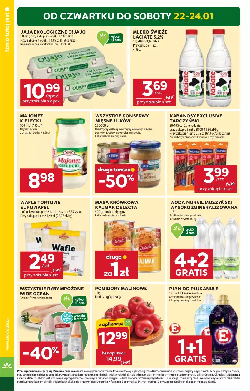 Gazetka promocyjna Stokrotka - Supermarket - ważna 22.01 do 28.01.2026 - strona 2 - produkty: Delecta, Gra, Jaja, Kabanos, Majonez, Masa krówkowa, Mięso, Mleko, Mus, Optima, Owoce, Płyn do płukania, Pomidory, Ser, Sok, Sos, Tarczyński, Wafle, Wafle tortowe, Warzywa, Woda