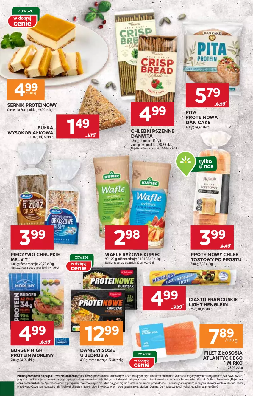 Gazetka promocyjna Stokrotka - Supermarket - ważna 22.01 do 28.01.2026 - strona 22 - produkty: Bazyl, Bazylia, Bułka, Burger, Chleb, Chleb tostowy, Chrupki, Ciasto francuskie, Cukier, Dan Cake, Kupiec, Melvit, Mięso, Morliny, Optima, Owoce, Piec, Pieczywo, Pieczywo chrupkie, Ryż, Ser, Sok, Sos, Wafle, Warzywa