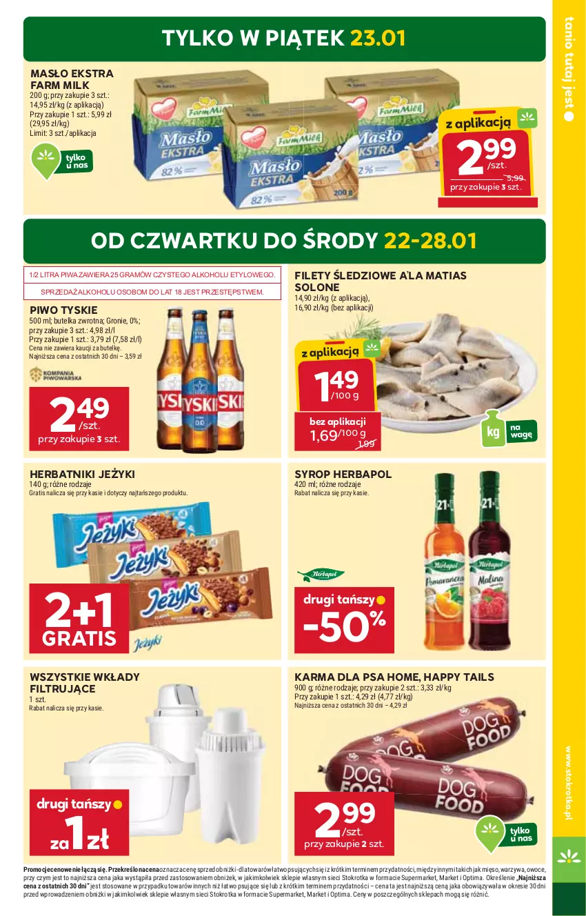 Gazetka promocyjna Stokrotka - Supermarket - ważna 22.01 do 28.01.2026 - strona 3 - produkty: Fa, Farm Milk, Gra, Herbapol, Herbatniki, Jeżyki, Masło, Mięso, Optima, Owoce, Piwa, Piwo, Syrop, Tyskie, Warzywa