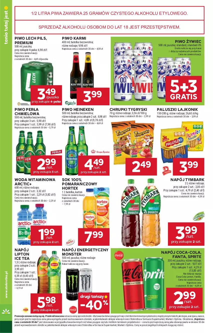 Gazetka promocyjna Stokrotka - Supermarket - ważna 22.01 do 28.01.2026 - strona 30 - produkty: Chrupki, Coca-Cola, Fa, Fanta, Gra, Gry, Heineken, Hortex, Ice tea, Karmi, Lajkonik, Lipton, Mięso, Napój, Napój energetyczny, Optima, Owoce, Perła, Piwa, Piwo, Sok, Sprite, Tymbark, Warzywa, Woda