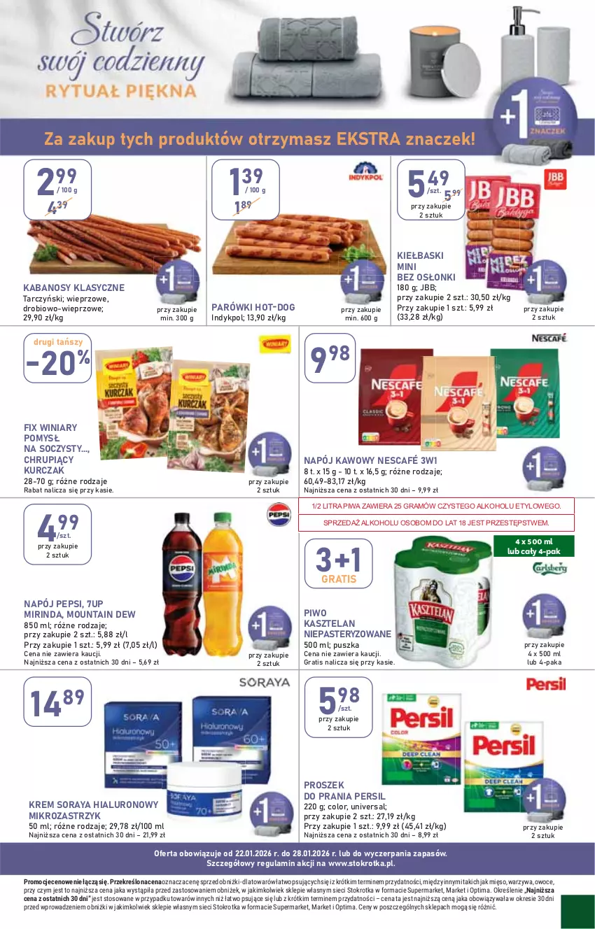 Gazetka promocyjna Stokrotka - Supermarket - ważna 22.01 do 28.01.2026 - strona 31 - produkty: 7up, Gra, Kabanos, Kasztelan, Kurczak, Mięso, Mirinda, Napój, Nescafé, Optima, Owoce, Parówki, Pepsi, Persil, Piwa, Piwo, Proszek do prania, Tarczyński, Warzywa, Winiary