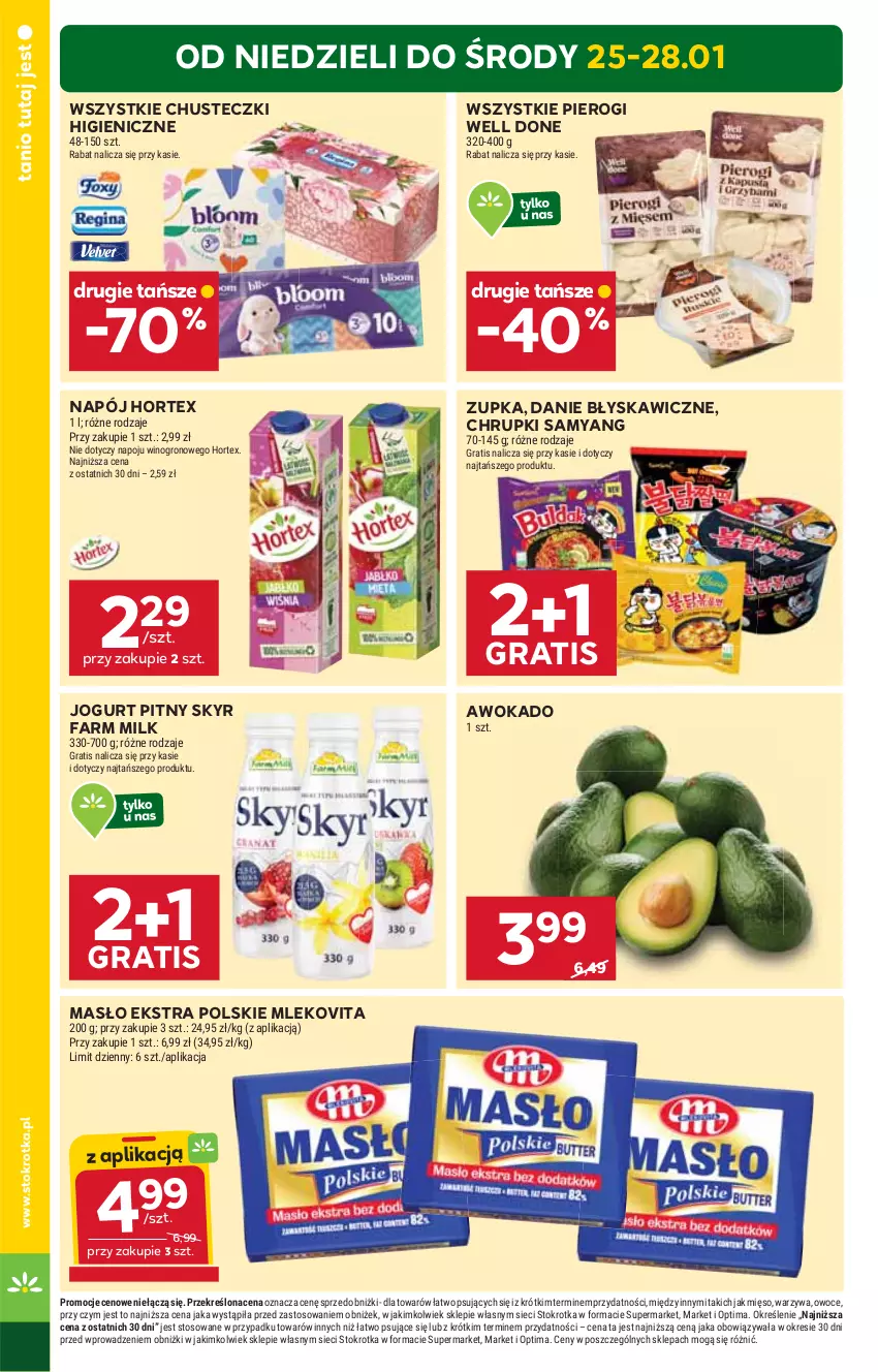 Gazetka promocyjna Stokrotka - Supermarket - ważna 22.01 do 28.01.2026 - strona 4 - produkty: Chrupki, Chusteczki, Fa, Farm Milk, Gra, Hortex, Jogurt, Jogurt pitny, Masło, Mięso, Mleko, Mlekovita, Napój, Optima, Owoce, Pierogi, Warzywa, Wino
