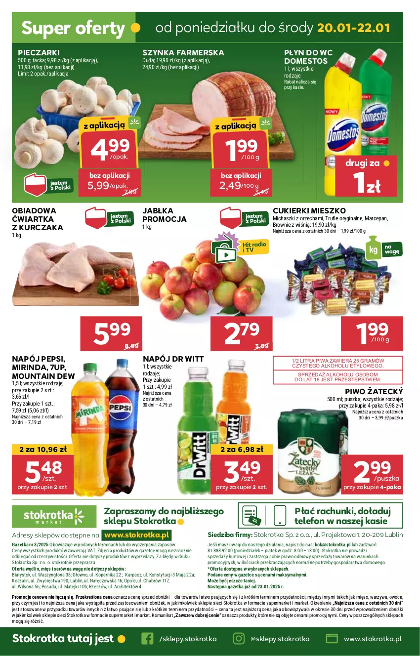 Gazetka promocyjna Stokrotka - Market - ważna 16.01 do 22.01.2025 - strona 20 - produkty: 7up, Brownie, Cukier, Cukierki, Domestos, Dres, Fa, Gin, Gra, Jabłka, JBL, Karp, Kosz, Kurczak, Mięso, Mirinda, Napój, O nas, Owoce, Pepsi, Piec, Piwa, Piwo, Płyn do wc, Ser, Szal, Szynka, Szynka farmerska, Telefon, Wagi, Warzywa, Wilson