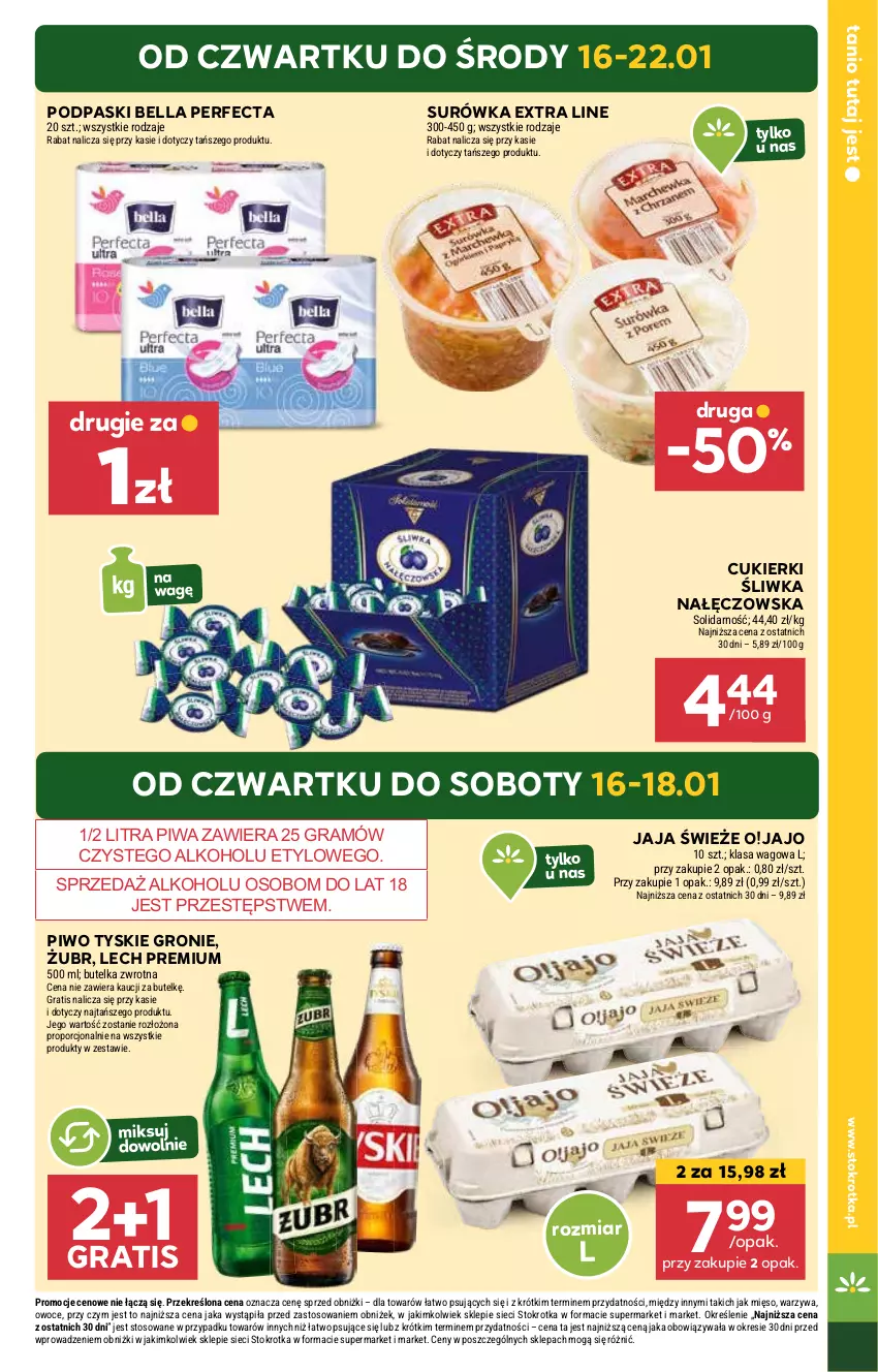 Gazetka promocyjna Stokrotka - Market - ważna 16.01 do 22.01.2025 - strona 3 - produkty: Bell, Bella, Cukier, Cukierki, Gra, Jaja, Lech Premium, Mięso, Owoce, Perfecta, Piwa, Piwo, Podpaski, Por, Surówka, Tyskie, Warzywa