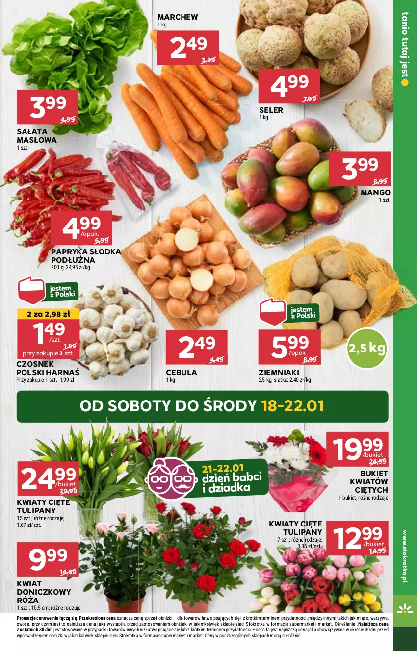 Gazetka promocyjna Stokrotka - Market - ważna 16.01 do 22.01.2025 - strona 9 - produkty: Bukiet, Cebula, Czosnek, Harnaś, Kwiaty cięte, Mango, Masło, Mięso, Owoce, Papryka, Papryka słodka, Róża, Sałat, Sałata masłowa, Siatka, Tulipan, Warzywa, Ziemniaki