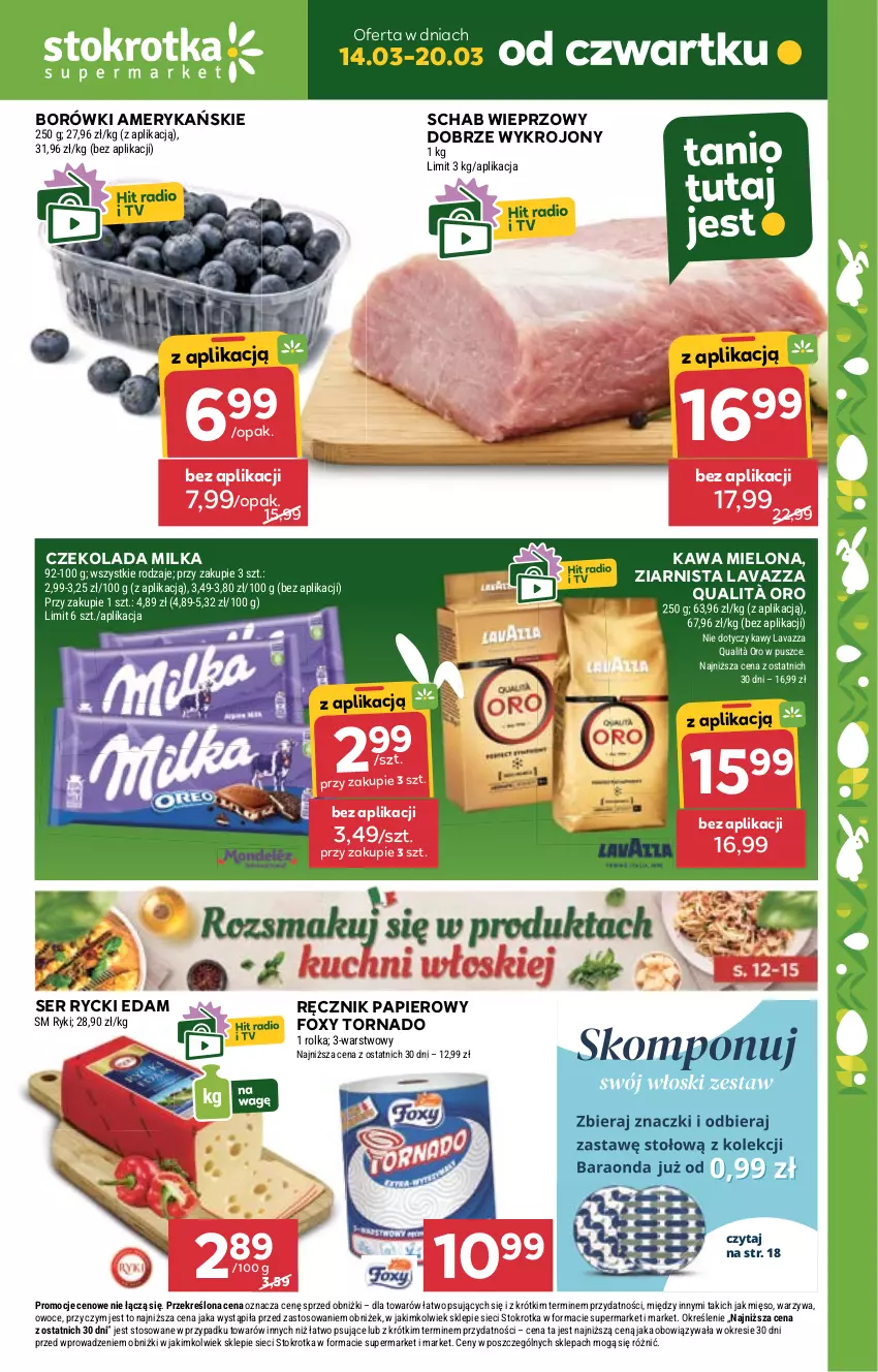 Gazetka promocyjna Stokrotka - Supermarket - ważna 14.03 do 20.03.2024 - strona 1 - produkty: Czekolada, Edam, Foxy, Kawa, Kawa mielona, Lavazza, Mięso, Milka, Owoce, Papier, Ręcznik, Rycki Edam, Schab wieprzowy, Ser, Warzywa