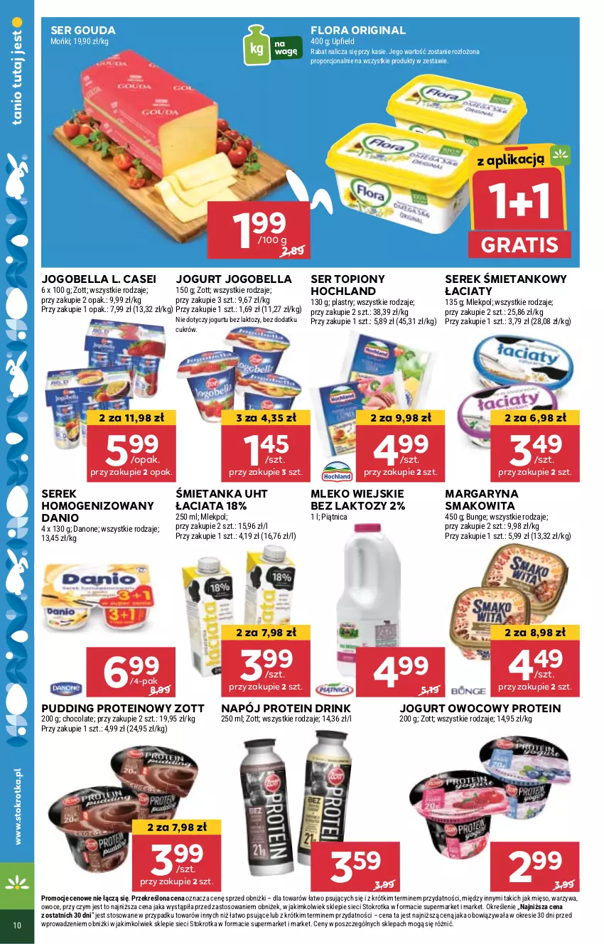 Gazetka promocyjna Stokrotka - Supermarket - ważna 14.03 do 20.03.2024 - strona 10 - produkty: Bell, Bella, Danio, Danone, Flora, Gin, Gouda, Gra, Hochland, Jogobella, Jogurt, Jogurt owocowy, Margaryna, Mięso, Mleko, Napój, Owoce, Piątnica, Por, Pudding, Ser, Ser topiony, Serek, Serek homogenizowany, Smakowita, Top, Warzywa, Zott