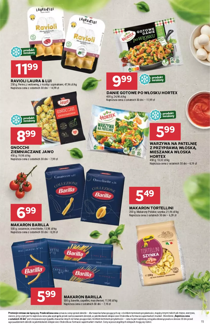 Gazetka promocyjna Stokrotka - Supermarket - ważna 14.03 do 20.03.2024 - strona 15 - produkty: Barilla, Danie gotowe, Gnocchi, Hortex, Laur, Makaron, Mięso, Owoce, Szpinak, Szynka, Warzywa