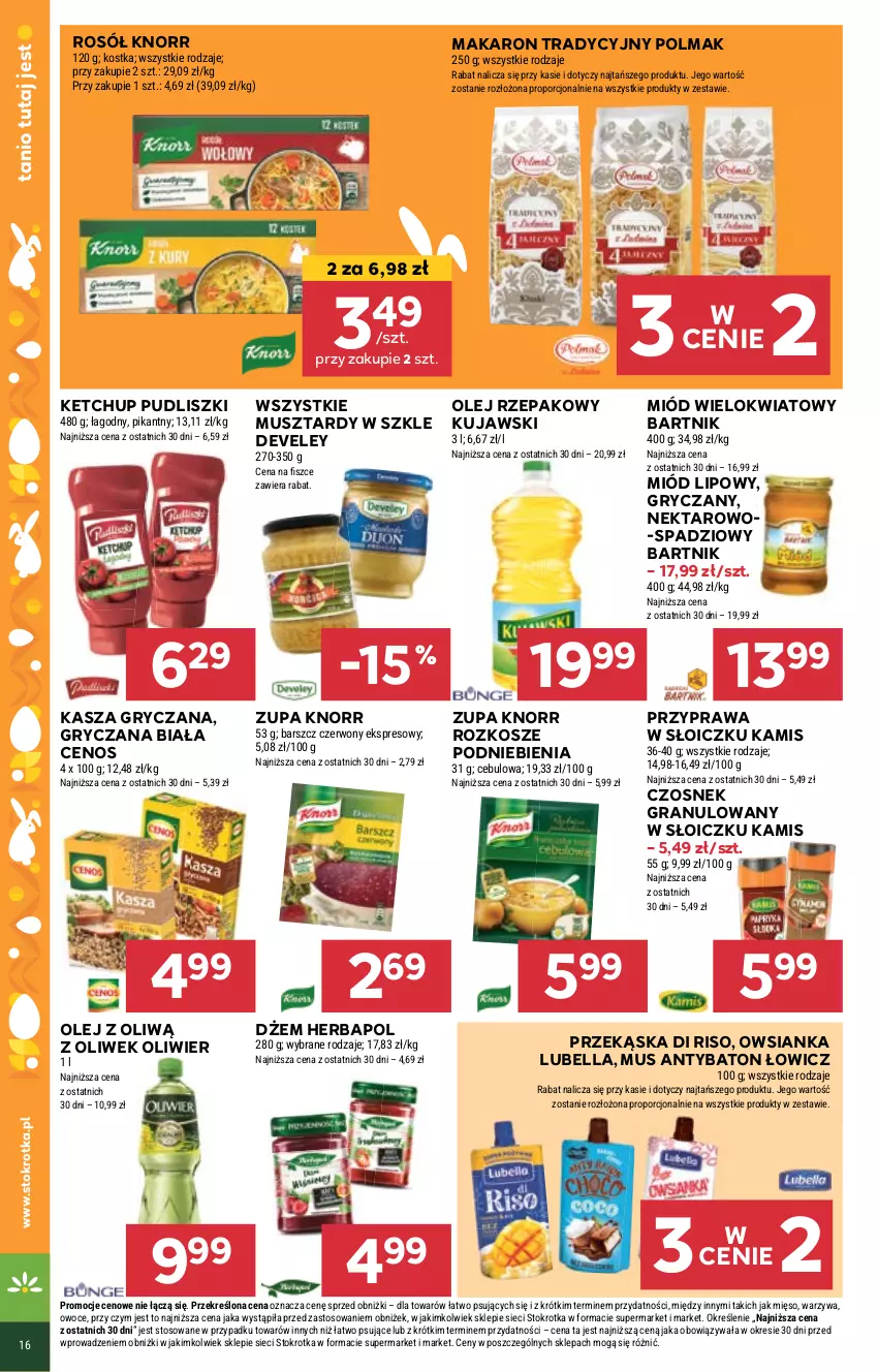 Gazetka promocyjna Stokrotka - Supermarket - ważna 14.03 do 20.03.2024 - strona 16 - produkty: Baton, Bell, Bella, Cenos, Czosnek, Czosnek granulowany, Dżem, Gra, Gry, Herbapol, Kamis, Kasza, Kasza gryczana, Ketchup, Knorr, Kosz, Kujawski, Lubella, Makaron, Mięso, Miód, Mus, Nektar, Olej, Olej rzepakowy, Olma, Owoce, Owsianka, Por, Pudliszki, Rosół, Warzywa, Zupa