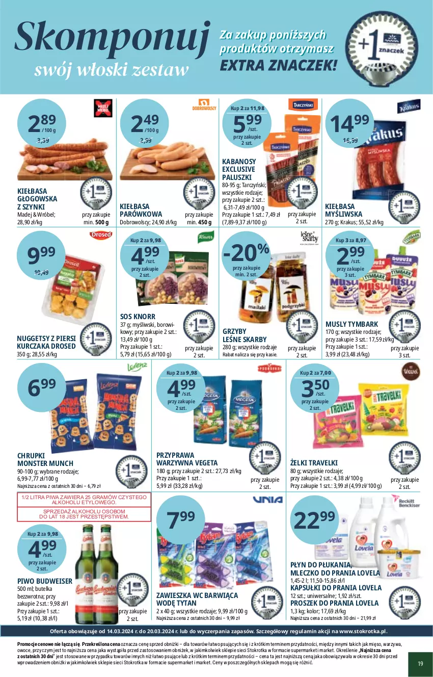 Gazetka promocyjna Stokrotka - Supermarket - ważna 14.03 do 20.03.2024 - strona 19 - produkty: Chrupki, Gra, Grzyby, Kabanos, Kapsułki do prania, Kiełbasa, Kiełbasa głogowska, Knorr, Krakus, Kurczak, Lovela, Mięso, Mleczko, Mleczko do prania, Monster Munch, Mus, Owoce, Piwa, Piwo, Płyn do płukania, Proszek do prania, Ser, Sos, Tarczyński, Tymbark, Tytan, Vegeta, Warzywa, Wiko