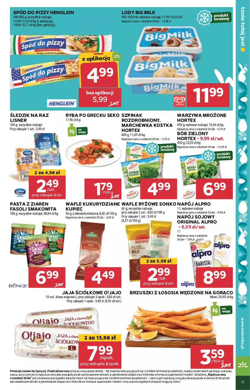 Gazetka promocyjna Stokrotka - Supermarket - ważna 14.03 do 20.03.2024 - strona 20 - produkty: Alpro, Big Milk, Brzuszki z łososia, Czekolada, Czekolada mleczna, Fa, Gin, Hortex, Jaja, Kupiec, Lisner, Lody, Marchewka, Mięso, Napój, Owoce, Piec, Ryba, Ryba po grecku, Ryż, SEKO, Smakowita, Sonko, Sos, Spód do pizzy, Szpinak, Wafle, Warzywa