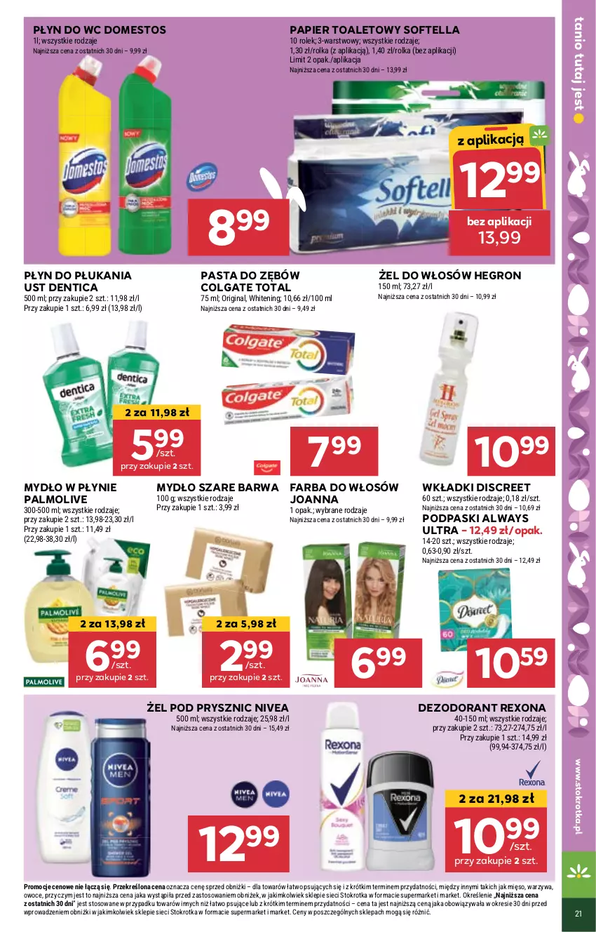 Gazetka promocyjna Stokrotka - Supermarket - ważna 14.03 do 20.03.2024 - strona 22 - produkty: Always, Always Ultra, Colgate, Colgate Total, Dezodorant, Discreet, Domestos, Fa, Farba do włosów, Gin, Hegron, Joanna, LG, Mięso, Mydło, Mydło w płynie, Nivea, Owoce, Palmolive, Papier, Papier toaletowy, Pasta do zębów, Płyn do płukania, Płyn do wc, Podpaski, Rexona, Warzywa, Wkładki