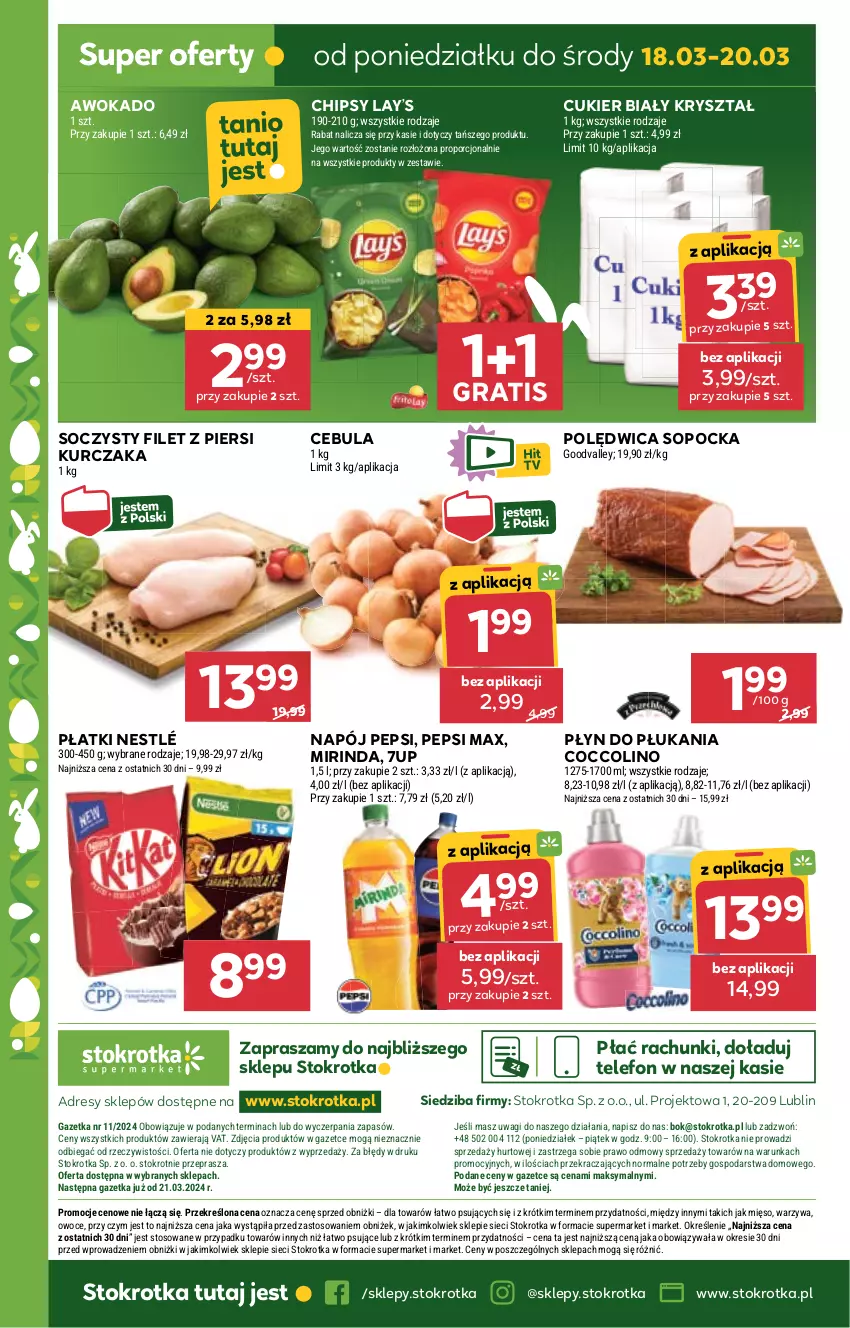 Gazetka promocyjna Stokrotka - Supermarket - ważna 14.03 do 20.03.2024 - strona 25 - produkty: 7up, Cebula, Chipsy, Coccolino, Cukier, Dres, Filet z piersi kurczaka, Gra, JBL, Kurczak, Lay’s, Mięso, Mirinda, Napój, Nestlé, O nas, Owoce, Pepsi, Pepsi max, Płyn do płukania, Polędwica, Por, Telefon, Wagi, Warzywa