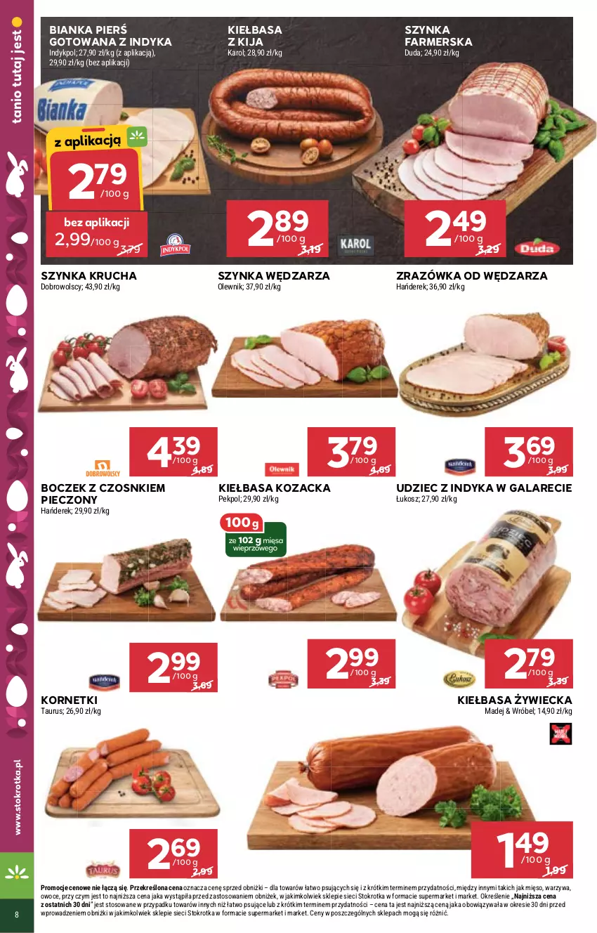 Gazetka promocyjna Stokrotka - Supermarket - ważna 14.03 do 20.03.2024 - strona 8 - produkty: Bianka, Boczek, Duda, Fa, Gala, Kiełbasa, Kosz, Mięso, Olewnik, Owoce, Pekpol, Piec, Szynka, Szynka farmerska, Udziec z indyka, Udziec z indyka w galarecie, Warzywa