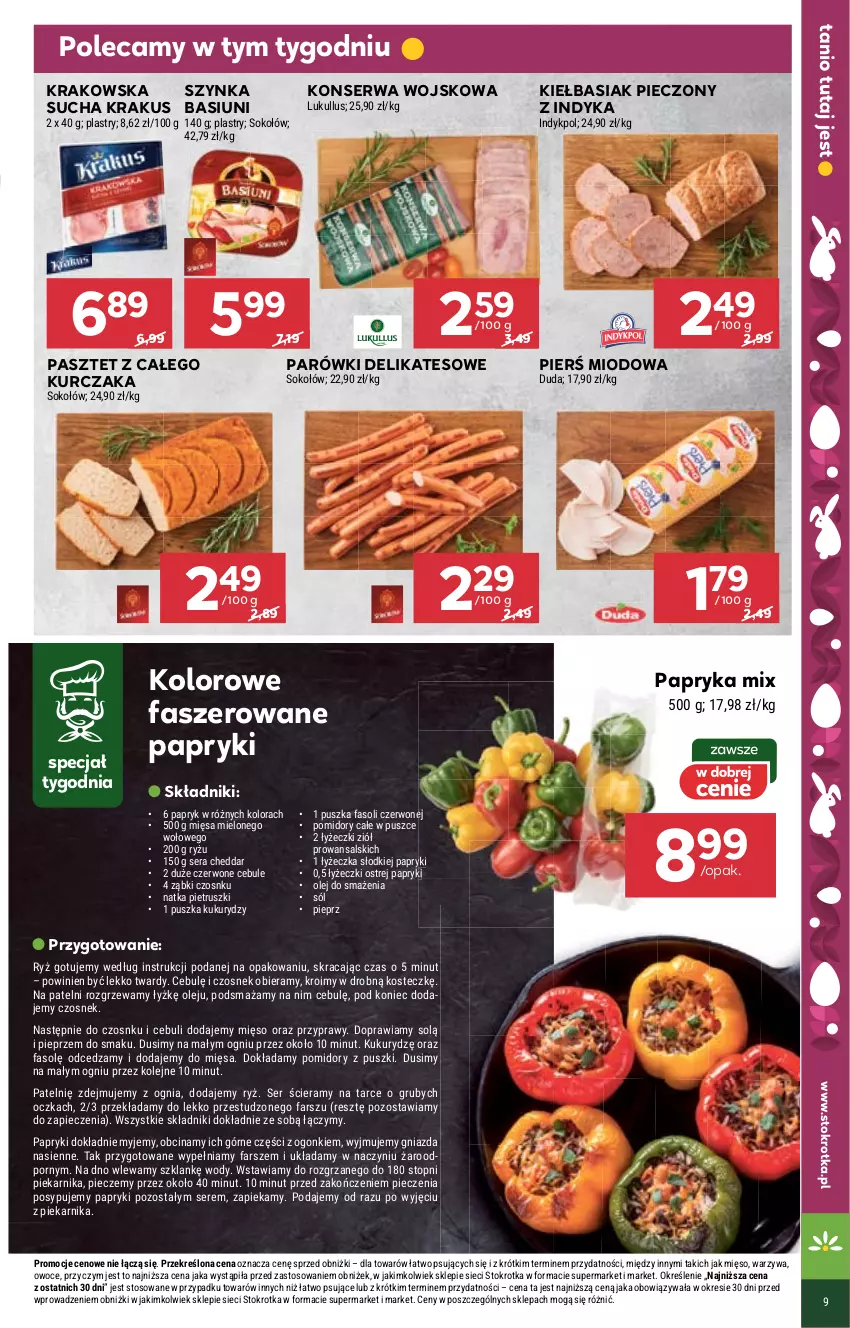 Gazetka promocyjna Stokrotka - Supermarket - ważna 14.03 do 20.03.2024 - strona 9 - produkty: Basia, Cheddar, Czosnek, Duda, Fa, Krakus, Kurczak, Mięso, Natka pietruszki, Olej, Owoce, Papryka, Parówki, Pasztet, Piec, Piekarnik, Pieprz, Pomidory, Por, Przyprawy, Ryż, Ser, Sok, Sokołów, Sól, Szynka, Top, Warzywa