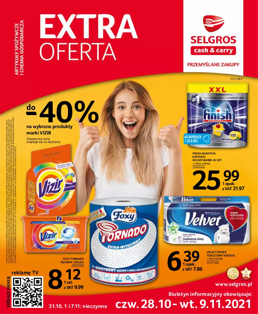 Gazetka promocyjna Selgros - Extra Oferta - ważna 01.10 do 31.10.2021 - strona 1 - produkty: Fa, Finish, Foxy, LG, Papier, Papier toaletowy, Ręcznik, Top, Tran, Velvet, Vizir