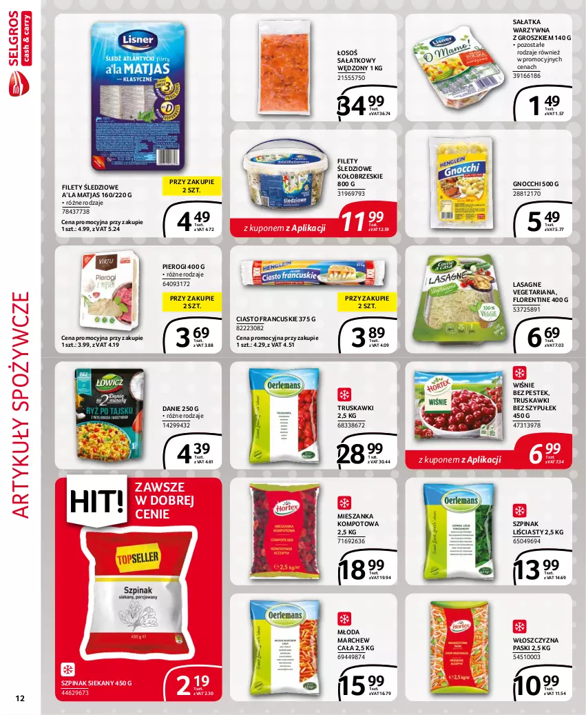 Gazetka promocyjna Selgros - Extra Oferta - ważna 01.10 do 31.10.2021 - strona 12 - produkty: Artykuły spożywcze, Ciasto francuskie, Gnocchi, Lasagne, Matjas, Mieszanka kompotowa, Pierogi, Sałat, Sałatka, Sałatka warzywna, Stek, Szpinak, Truskawki, Vegeta