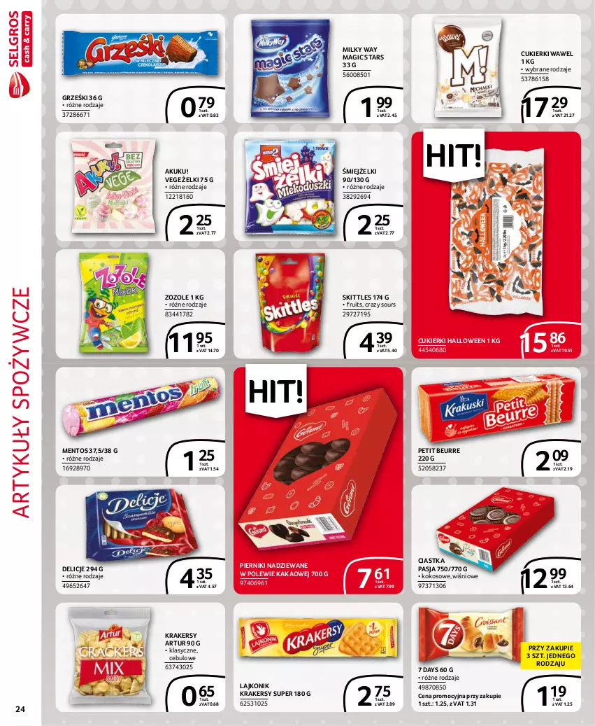 Gazetka promocyjna Selgros - Extra Oferta - ważna 01.10 do 31.10.2021 - strona 24 - produkty: 7 Days, Artur, Artykuły spożywcze, Ciastka, Cukier, Cukierki, Delicje, Grześki, Kakao, Kokos, Krakersy, Lajkonik, Mentos, Milky Way, Piernik, Wawel