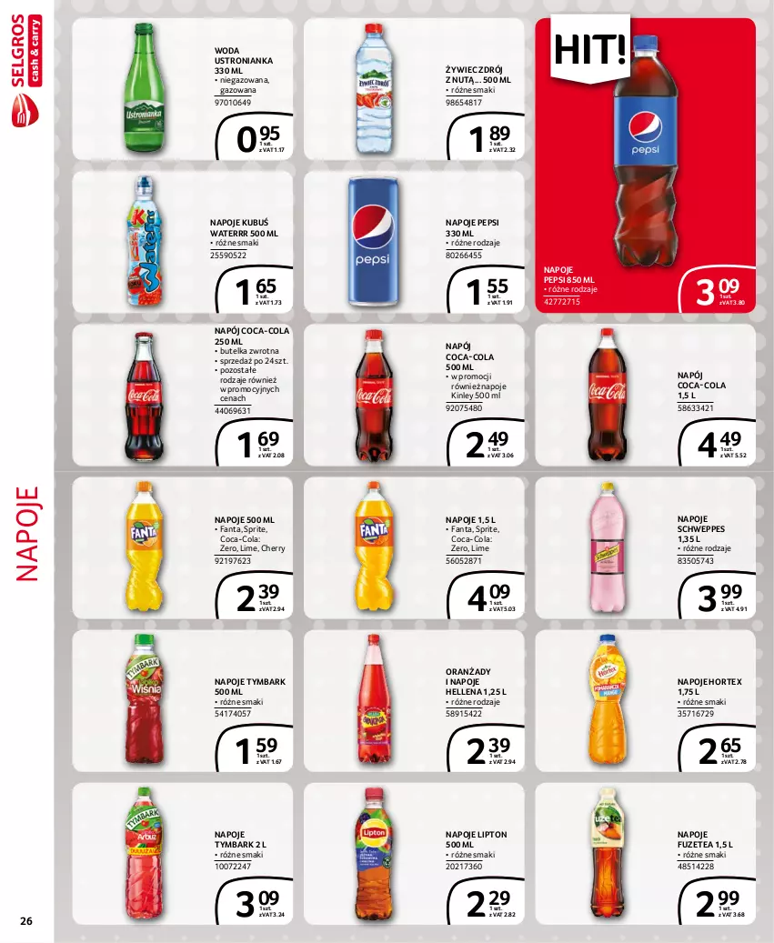 Gazetka promocyjna Selgros - Extra Oferta - ważna 01.10 do 31.10.2021 - strona 26 - produkty: Coca-Cola, Fa, Fanta, Hellena, Hortex, Kubuś, Kubuś Waterrr, Lipton, Napój, Napoje, Pepsi, Schweppes, Sprite, Tymbark, Woda