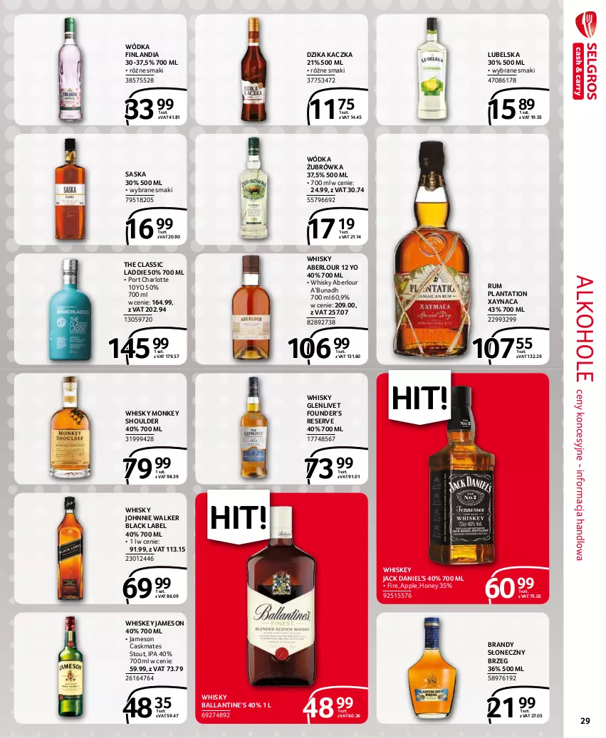 Gazetka promocyjna Selgros - Extra Oferta - ważna 01.10 do 31.10.2021 - strona 29 - produkty: Alkohole, Brandy, Finlandia, Jameson, Johnnie Walker, Kaczka, Lack, Plantation, Por, Rum, Saska, Ser, Whiskey, Whisky, Wódka