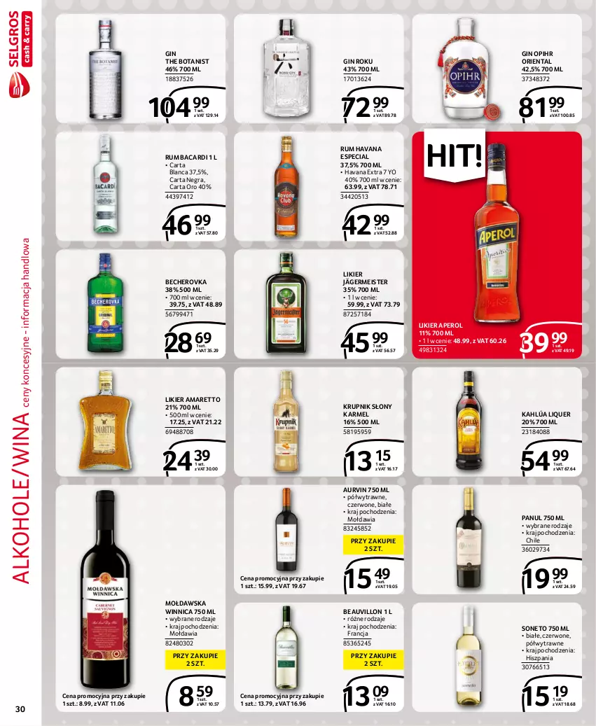 Gazetka promocyjna Selgros - Extra Oferta - ważna 01.10 do 31.10.2021 - strona 30 - produkty: Alkohole, Aperol, Bacardi, Gin, Gra, Kahlúa, Krupnik, Likier, Rum