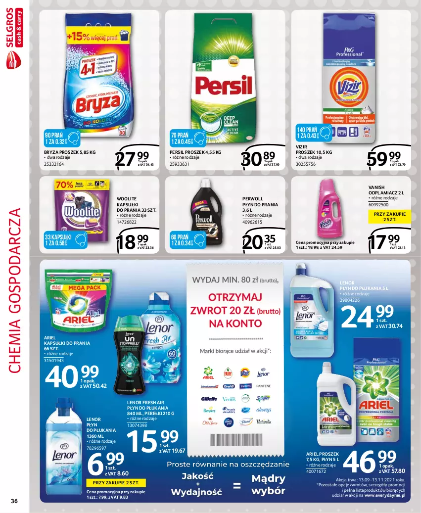 Gazetka promocyjna Selgros - Extra Oferta - ważna 01.10 do 31.10.2021 - strona 36 - produkty: Ariel, Bryza, Kapsułki do prania, Lenor, Odplamiacz, Persil, Perwoll, Płyn do płukania, Płyn do prania, Vanish, Vizir, Woolite