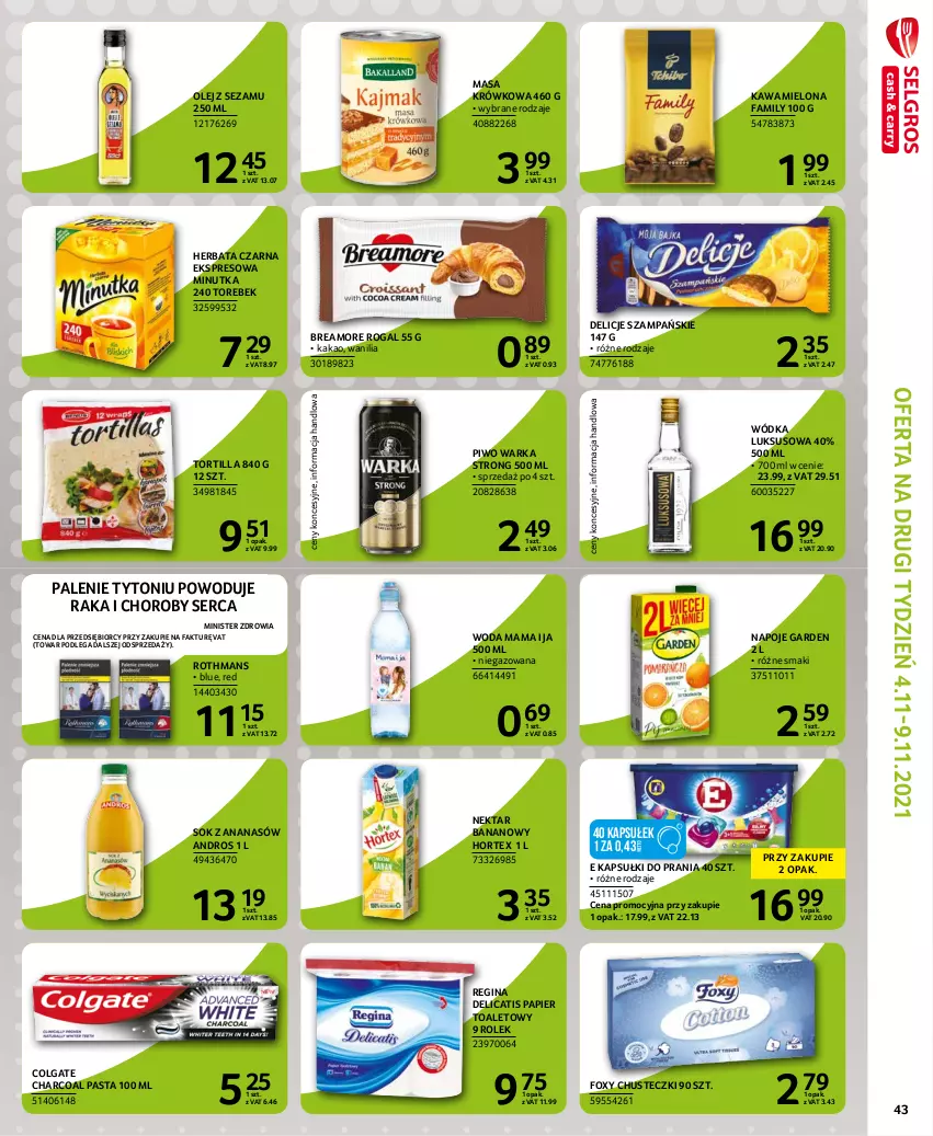 Gazetka promocyjna Selgros - Extra Oferta - ważna 01.10 do 31.10.2021 - strona 45 - produkty: Ananas, Chusteczki, Colgate, Delicje, Fa, Foxy, Gin, Herbata, Herbata czarna, Hortex, Kakao, Kapsułki do prania, Kawa, Kawa mielona, LG, Masa krówkowa, Napoje, Nektar, Nektar bananowy, Olej, Papier, Papier toaletowy, Piwo, Rogal, Ser, Sezam, Sok, Tortilla, Warka, Woda, Wódka