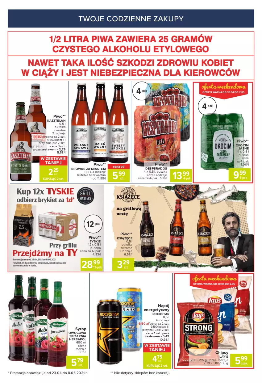 Gazetka promocyjna Carrefour - Gazetka Express - ważna 26.04 do 03.05.2021 - strona 4 - produkty: Chipsy, Desperados, Gra, Herbapol, Kasztelan, Koc, Kosz, Książęce, Lay’s, Napój, Napój energetyczny, Okocim, Piec, Piwa, Piwo, Syrop, Tyskie