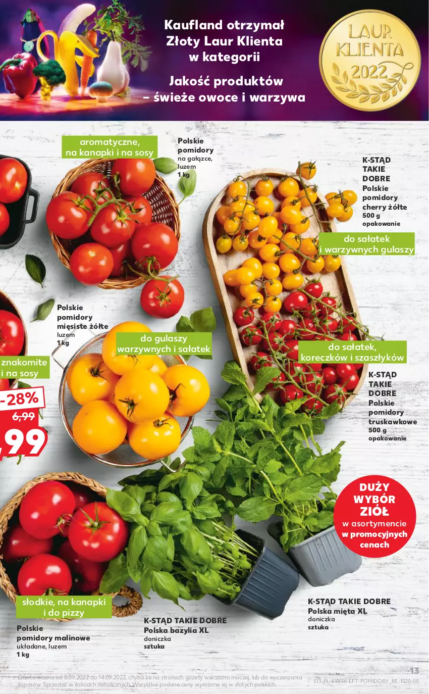 Gazetka promocyjna Kaufland - OFERTA TYGODNIA - ważna 08.09 do 14.09.2022 - strona 13 - produkty: Bazyl, Bazylia, Laur, Mięta, Owoce, Pomidory, Sałat, Sos, Warzywa