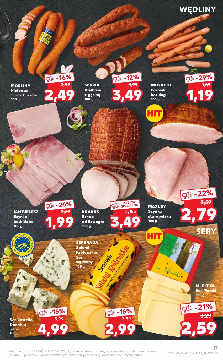 Gazetka promocyjna Kaufland - OFERTA TYGODNIA - ważna 08.09 do 14.09.2022 - strona 17 - produkty: Gra, Hot dog, Kiełbasa, Krakus, Królewski, Kurczak, Morliny, Parówki, Parówki hot dog, Salami, Ser, Szynka