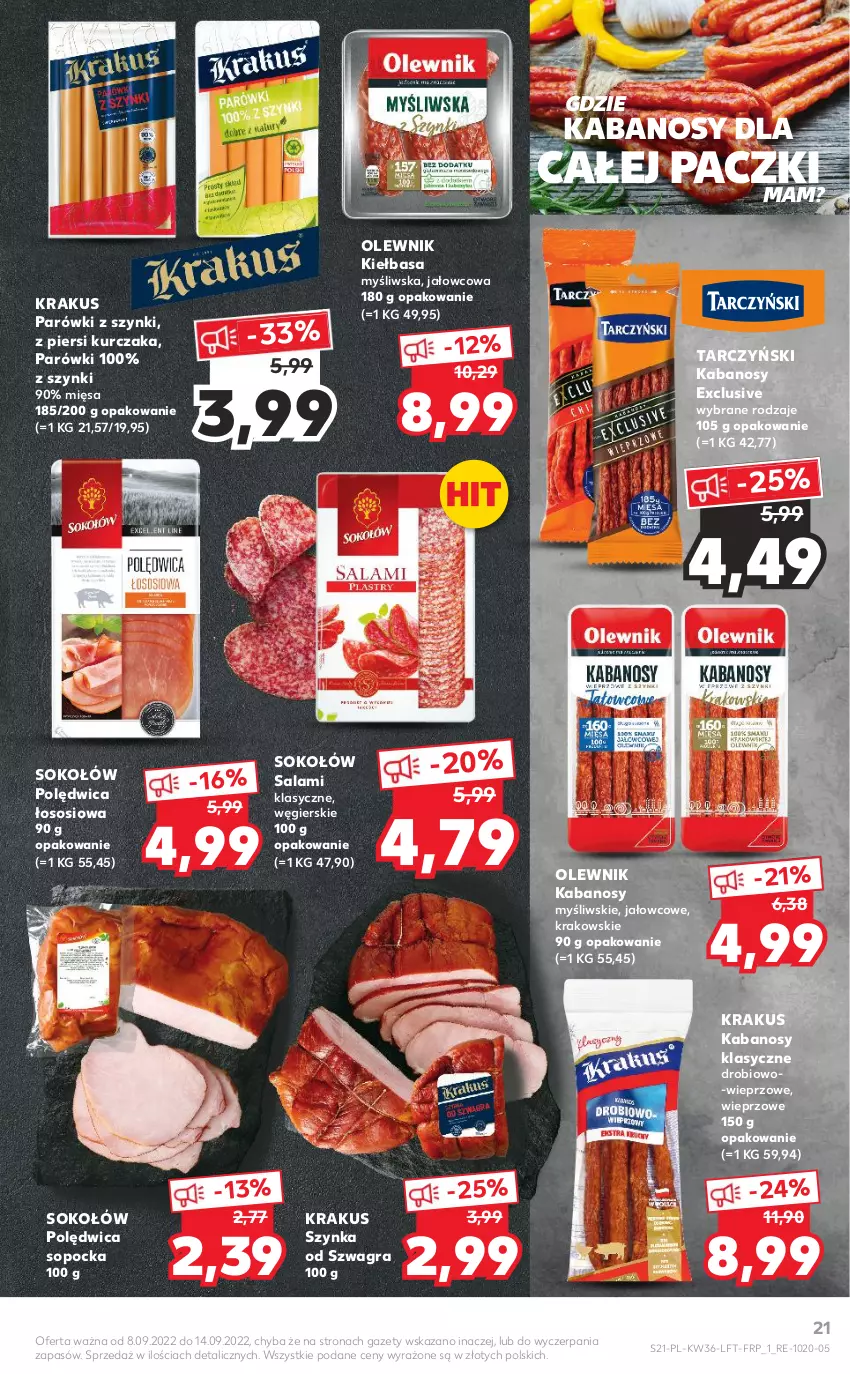 Gazetka promocyjna Kaufland - OFERTA TYGODNIA - ważna 08.09 do 14.09.2022 - strona 21 - produkty: Gra, Kabanos, Kiełbasa, Krakus, Kurczak, Olewnik, Parówki, Parówki z szynki, Polędwica, Salami, Sok, Sokołów, Sos, Szynka, Tarczyński