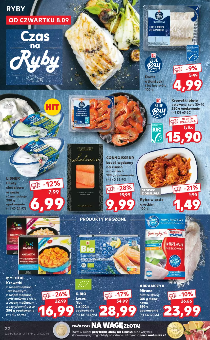 Gazetka promocyjna Kaufland - OFERTA TYGODNIA - ważna 08.09 do 14.09.2022 - strona 22 - produkty: Dorsz, Krewetki, Lisner, Miruna, Olej, Pesto, Produkty mrożone, Ryba, Sos, Waga