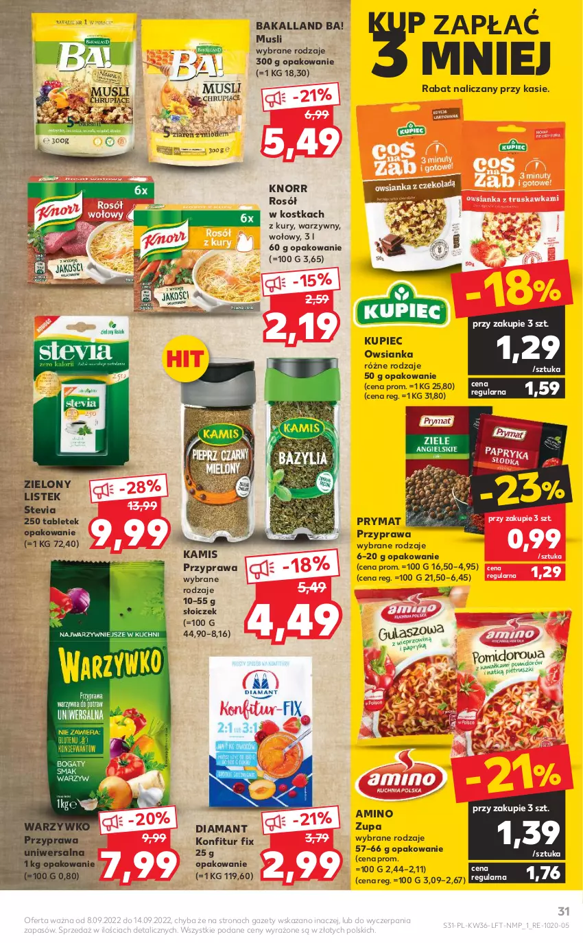 Gazetka promocyjna Kaufland - OFERTA TYGODNIA - ważna 08.09 do 14.09.2022 - strona 31 - produkty: Ba!, Bakalland, Diamant, Kamis, Knorr, Kupiec, Mus, Owsianka, Piec, Prymat, Przyprawa uniwersalna, Rosół, Stek, Tablet, Zupa