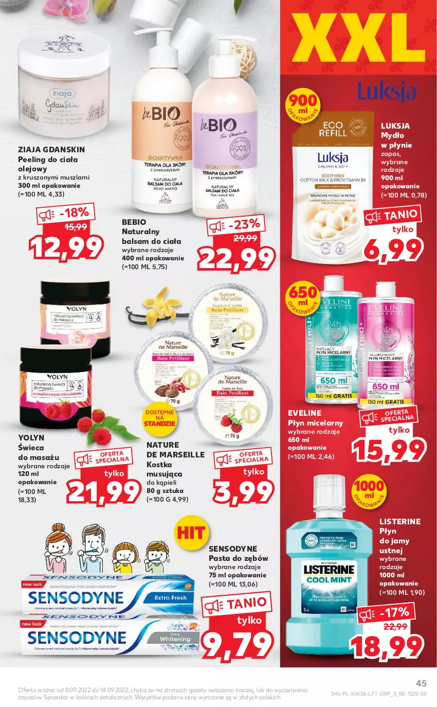 Gazetka promocyjna Kaufland - OFERTA TYGODNIA - ważna 08.09 do 14.09.2022 - strona 45 - produkty: Balsam do ciała, Eveline, Listerine, Luksja, Mars, Mus, Mydło, Mydło w płynie, Olej, Pasta do zębów, Peeling, Płyn micelarny, Sensodyne, Ziaja