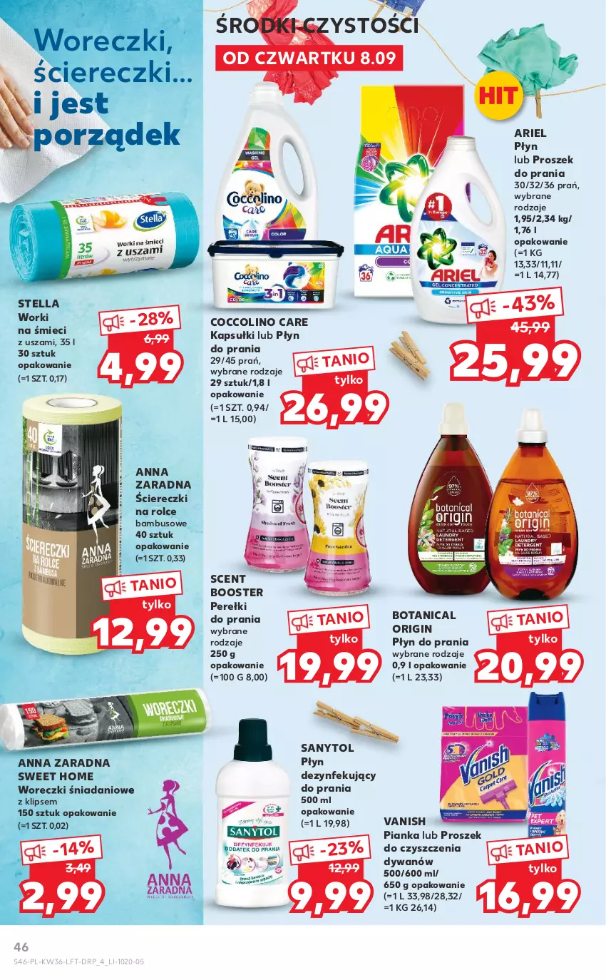 Gazetka promocyjna Kaufland - OFERTA TYGODNIA - ważna 08.09 do 14.09.2022 - strona 46 - produkty: Ariel, Booster, Coccolino, Danio, Dywan, Gin, Płyn do prania, Por, Proszek do prania, Sanytol, Vanish, Worki na śmiec, Worki na śmieci