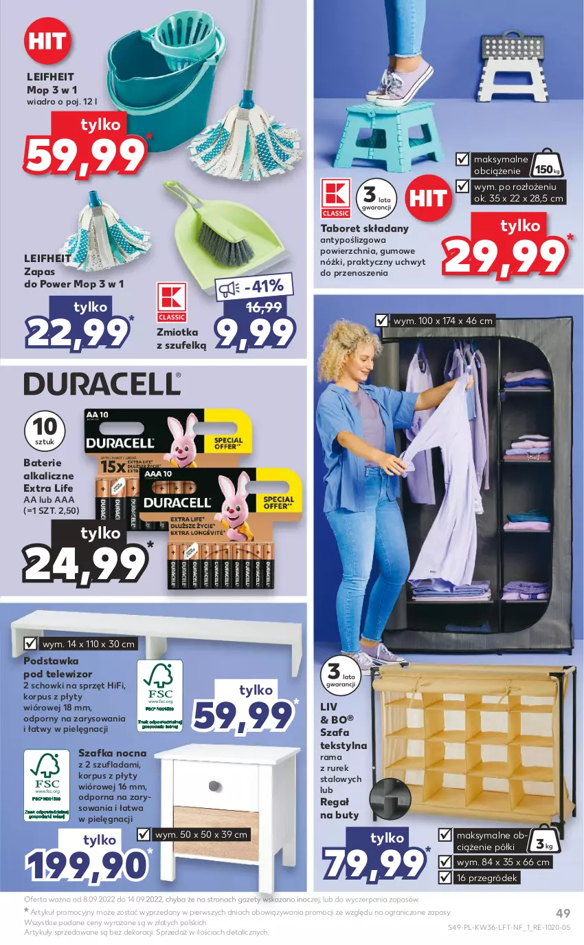 Gazetka promocyjna Kaufland - OFERTA TYGODNIA - ważna 08.09 do 14.09.2022 - strona 49 - produkty: Baterie alkaliczne, Buty, Fa, Gra, Mop, Por, Rama, Regał, Szafa, Szafka, Taboret, Taboret składany, Telewizor, Wiadro