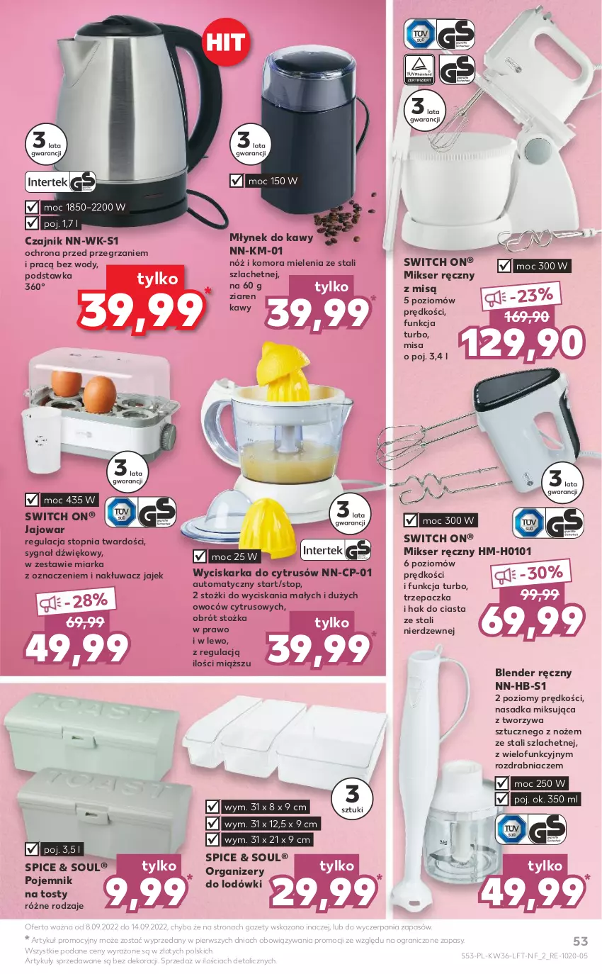 Gazetka promocyjna Kaufland - OFERTA TYGODNIA - ważna 08.09 do 14.09.2022 - strona 53 - produkty: Blender, Blender ręczny, Czajnik, Gra, Miarka, Mikser, Mikser ręczny, Młynek, Młynek do kawy, Noż, Organizer, Pojemnik, Rozdrabniacz, Ser, Top, Trzepaczka, Wyciskarka