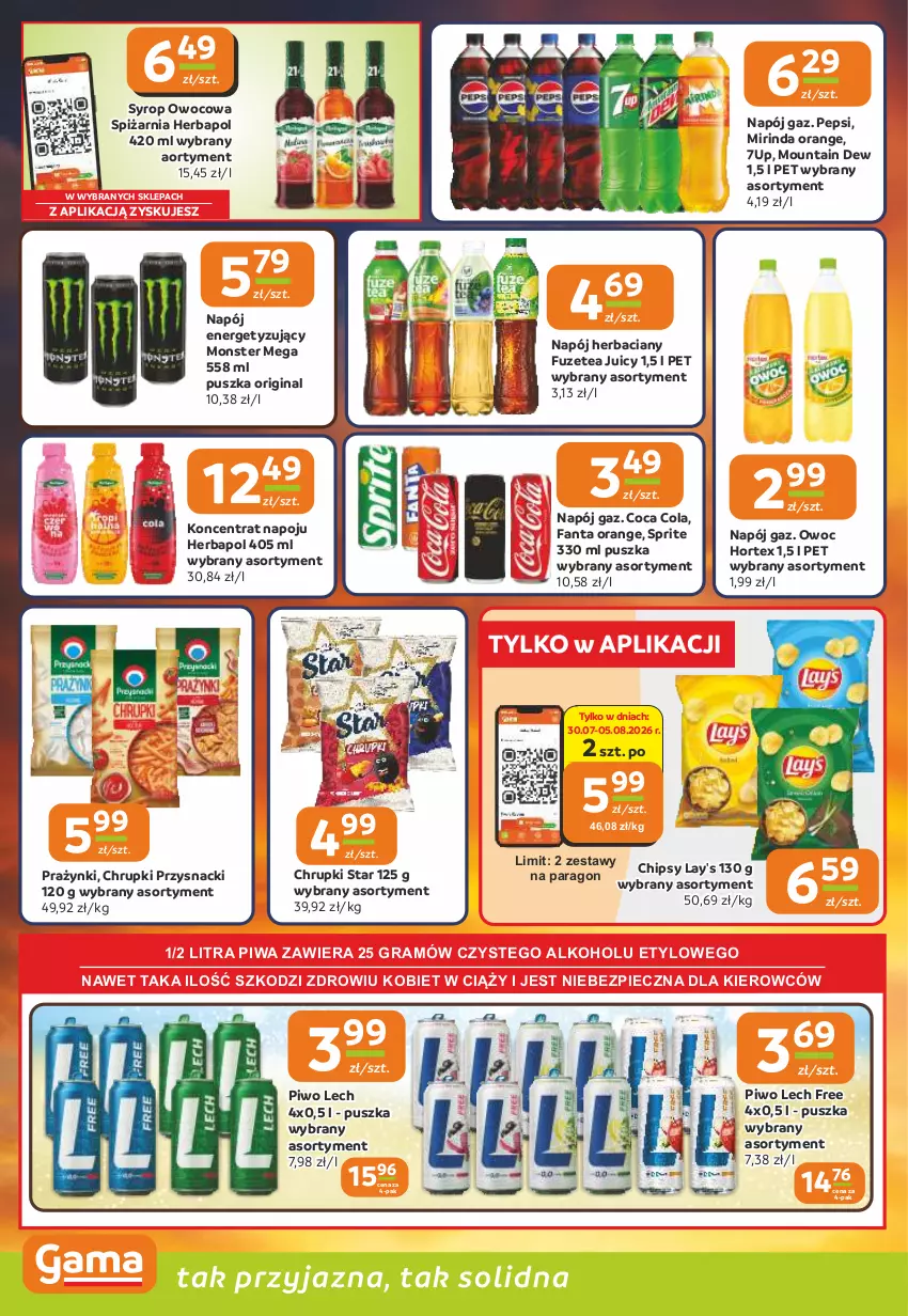 Gazetka promocyjna Gama - Gazetka Gama - ważna 30.07 do 11.08.2026 - strona 10 - produkty: 7up, Chipsy, Chrupki, Fa, Fanta, Gin, Gra, Herbapol, Hortex, Mirinda, Napój, Pepsi, Piec, Piwa, Piwo, Przysnacki, Sprite, Syrop
