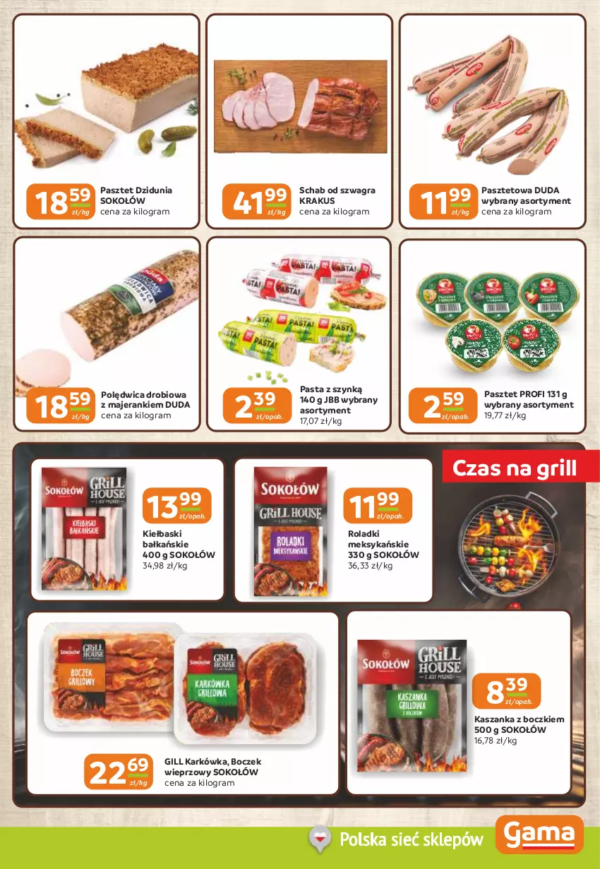 Gazetka promocyjna Gama - Gazetka Gama - ważna 30.07 do 11.08.2026 - strona 3 - produkty: Boczek, Boczek wieprzowy, Duda, Gra, Grill, Kasza, Kaszanka, Krakus, Pasztet, Polędwica, Sok, Sokołów