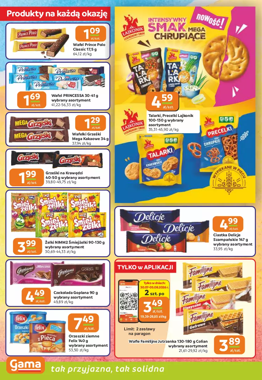 Gazetka promocyjna Gama - Gazetka Gama - ważna 30.07 do 11.08.2026 - strona 4 - produkty: Ciastka, Czekolada, Delicje, Fa, Felix, Goplana, Grześki, Jutrzenka, Kakao, Lajkonik, LANA, Nimm2, Orzeszki, Orzeszki ziemne, Precelki, Prince Polo, Princessa