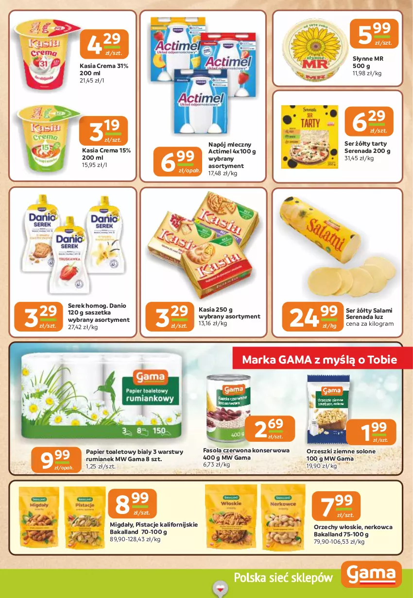 Gazetka promocyjna Gama - Gazetka Gama - ważna 30.07 do 11.08.2026 - strona 7 - produkty: Actimel, Bakalland, Danio, Fa, Fasola, Gra, Kasia, Migdały, Napój, Napój mleczny, Orzechy włoskie, Orzeszki, Orzeszki ziemne, Papier, Papier toaletowy, Pistacje, Rum, Salami, Ser, Serek, Słynne