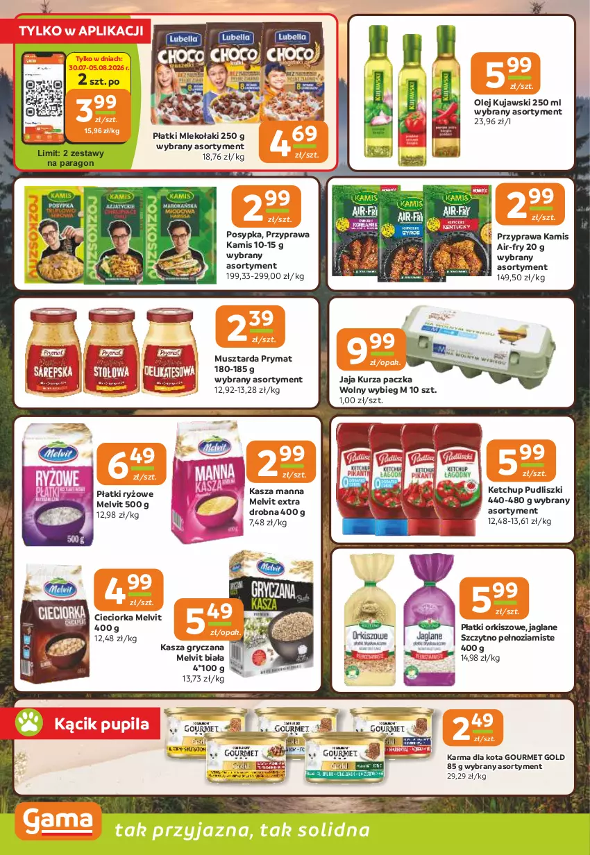 Gazetka promocyjna Gama - Gazetka Gama - ważna 30.07 do 11.08.2026 - strona 8 - produkty: Cieciorka, Gourmet Gold, Gry, Jaja, Kamis, Kasza, Kasza gryczana, Ketchup, Kujawski, Melvit, Mleko, Mus, Musztarda, Olej, Orka, Płatki orkiszowe, Płatki ryżowe, Prymat, Pudliszki, Ryż