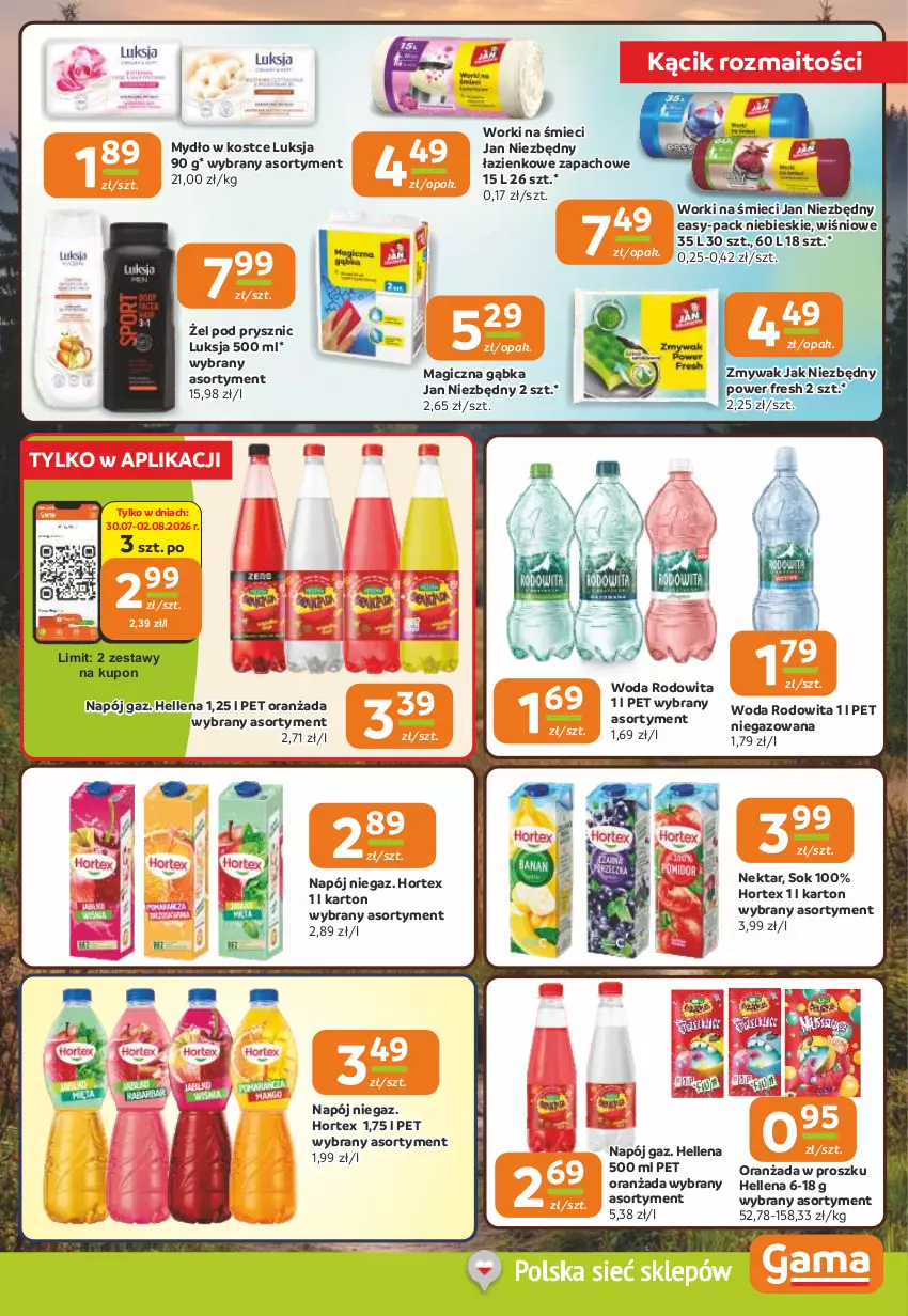 Gazetka promocyjna Gama - Gazetka Gama - ważna 30.07 do 11.08.2026 - strona 9 - produkty: Hellena, Hortex, Jan Niezbędny, Luksja, Mydło, Napój, Nektar, Oranżada, Sok, Woda, Worki na śmiec, Worki na śmieci